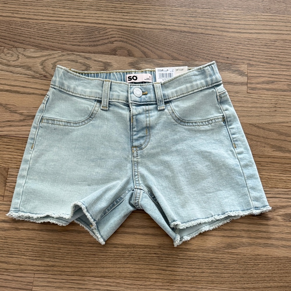 SO Light Blue Frayed Mid Rise Stretch Denim Shorts